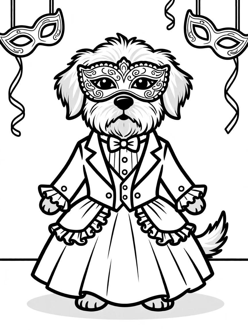 A dog at a masquerade ball with a mask
