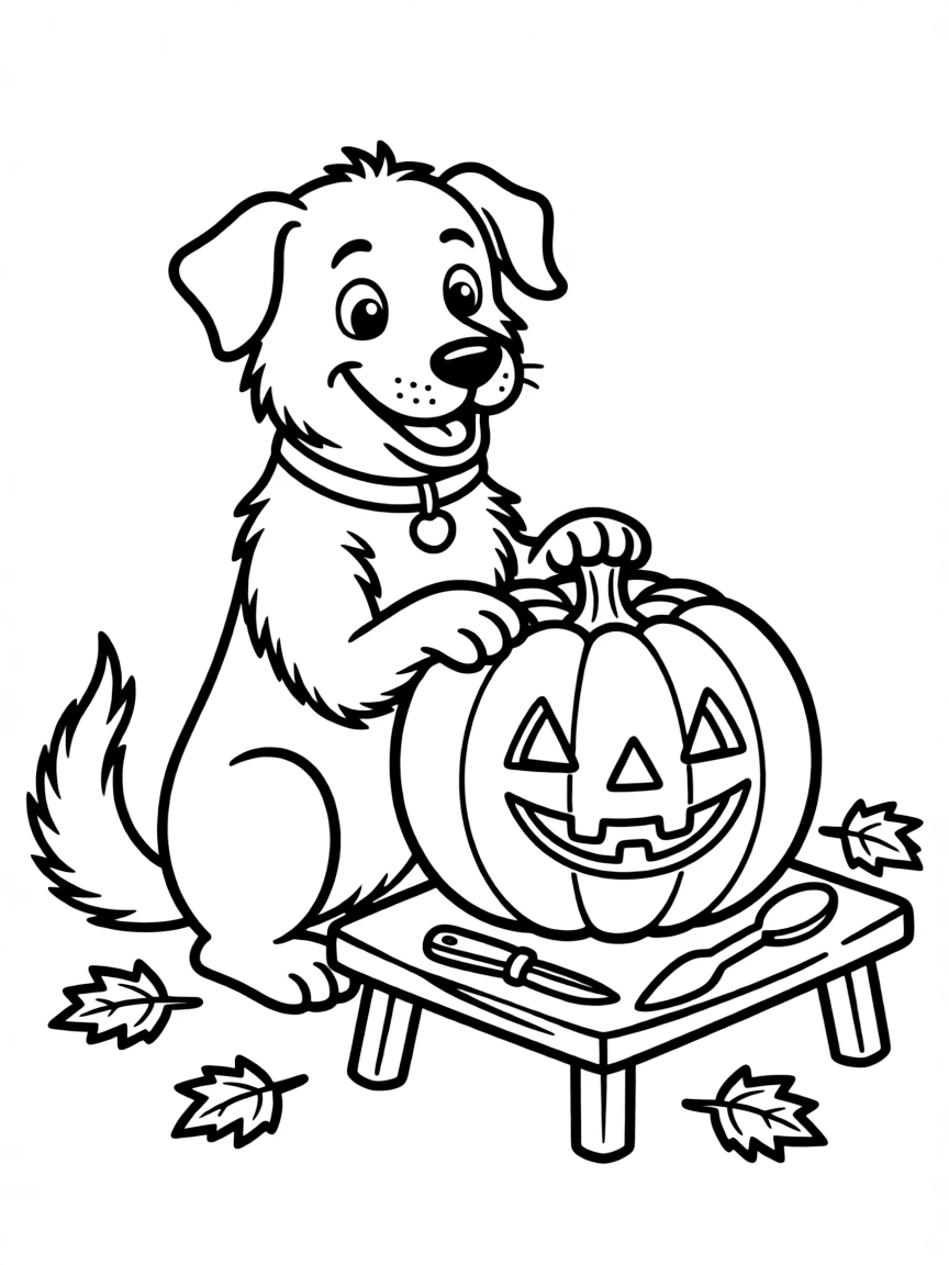 A dog carving a pumpkin for Halloween