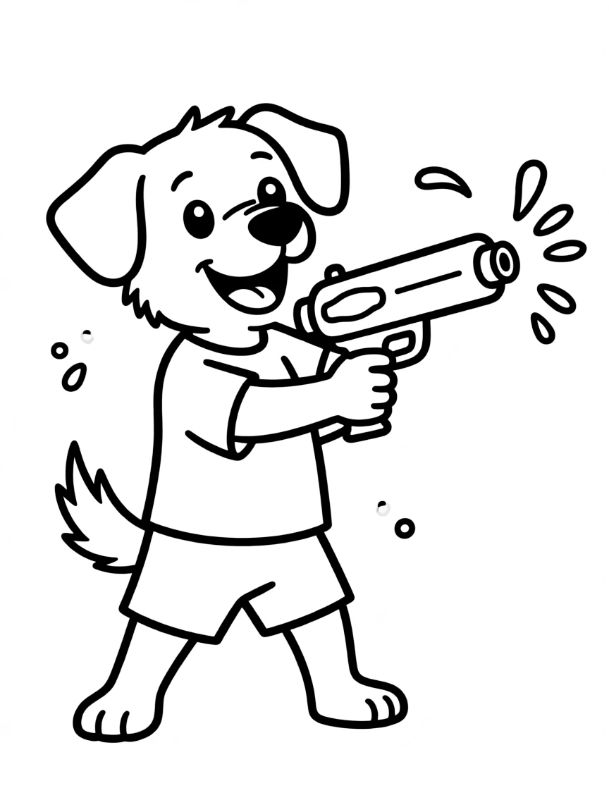 A dog having a water gun fight