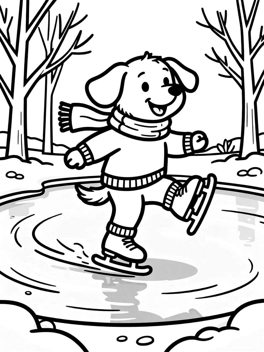 A dog ice skating on a frozen pond