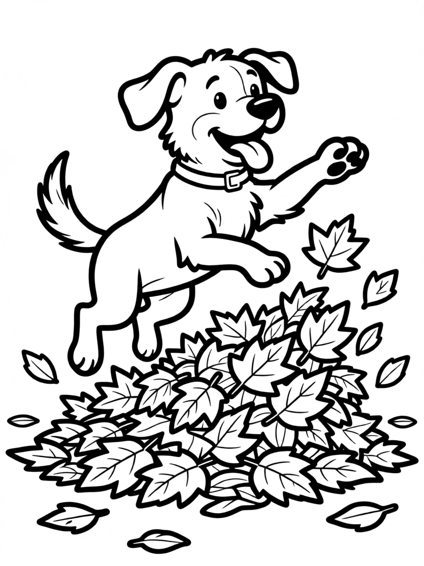 A dog making a leaf pile and jumping in