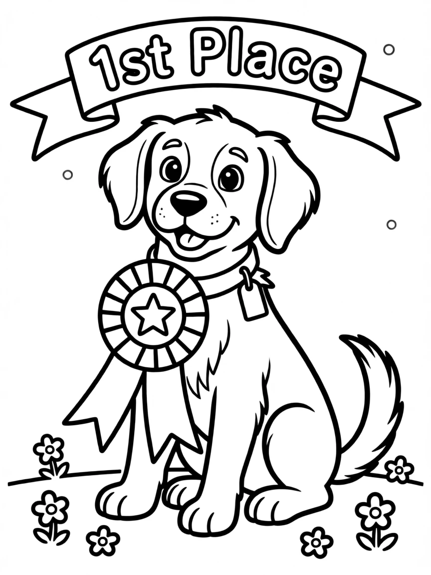 A dog with a first-place ribbon from a show