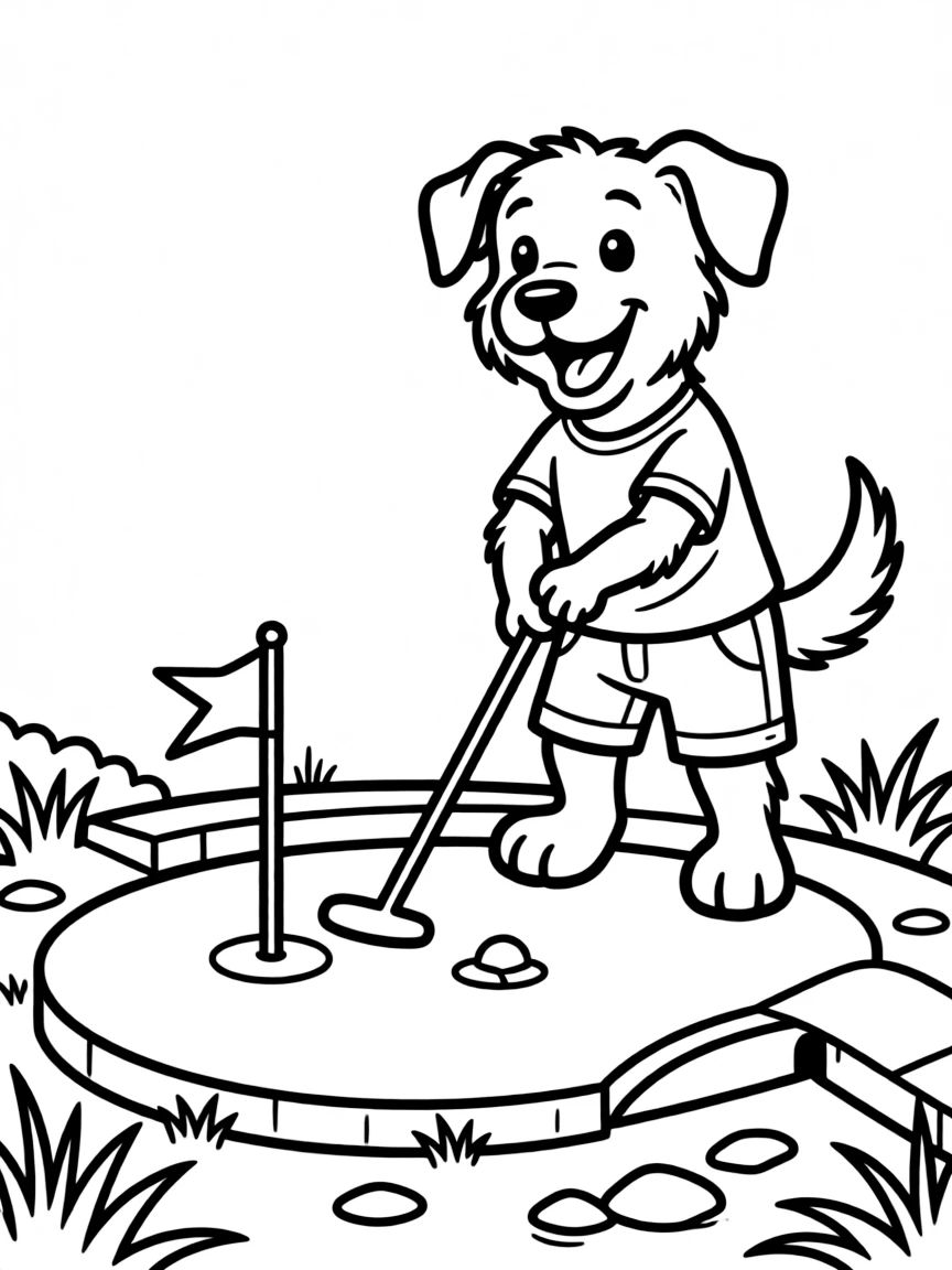 A dog playing miniature golf