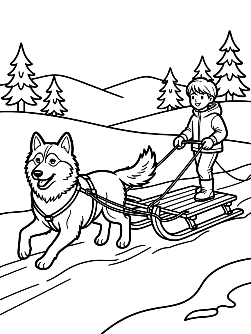 A Siberian Husky pulling a sled through snowy landscape