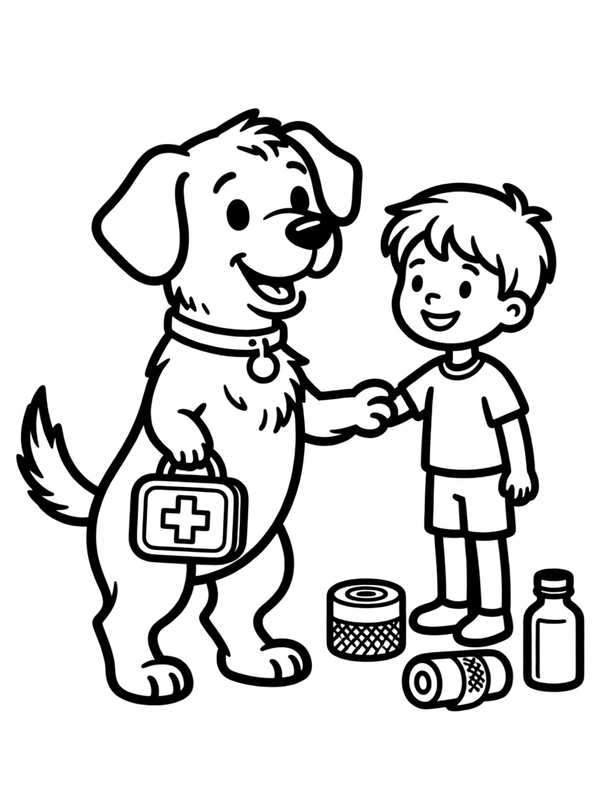 A dog with a first aid kit helping others