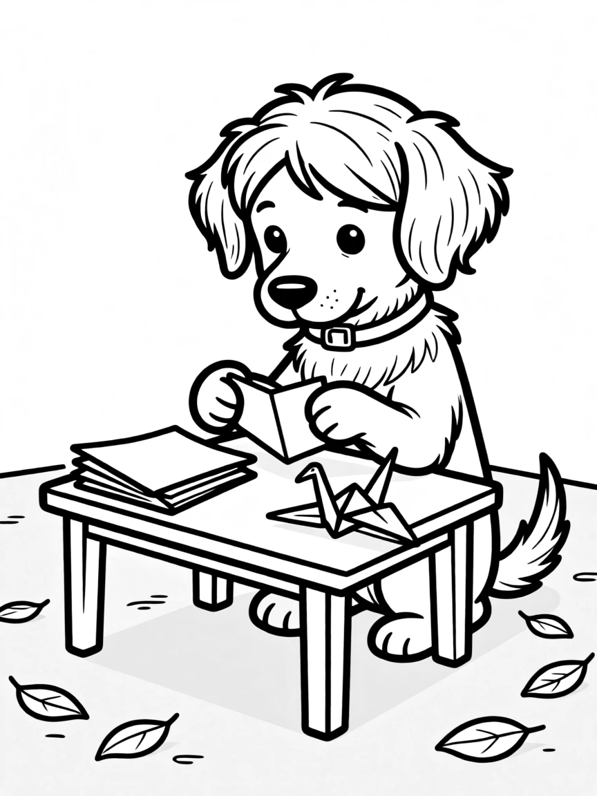 A dog making origami paper crafts