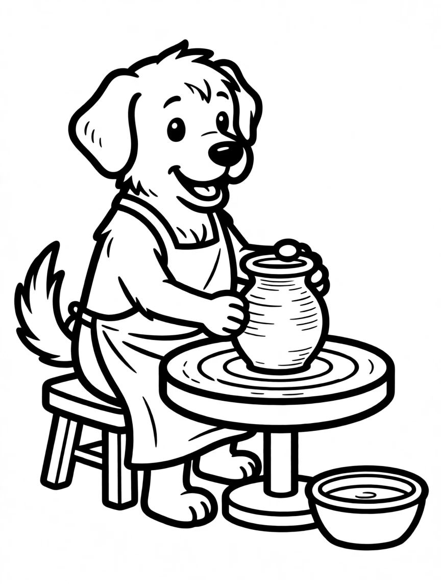 A dog making pottery on a wheel