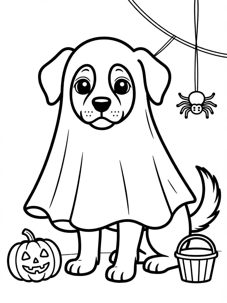A dog dressed as a ghost for Halloween