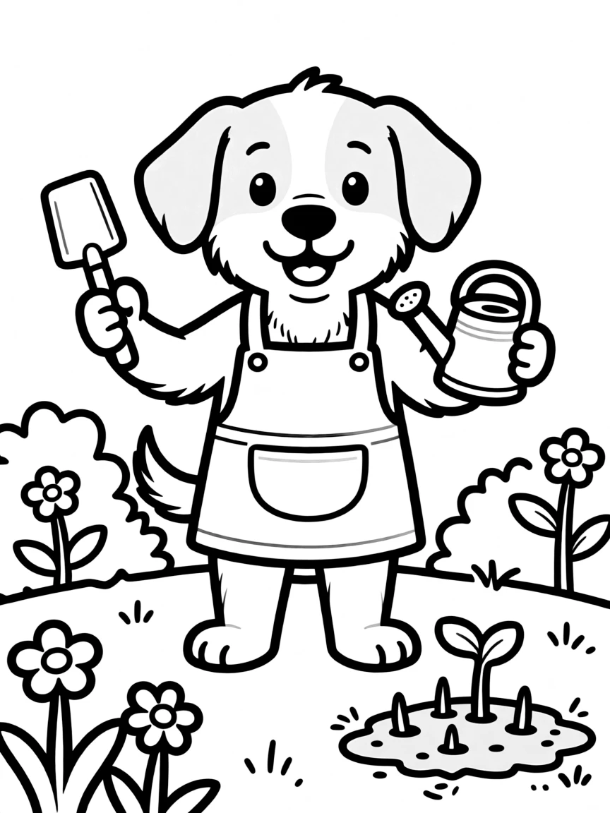 A dog gardening with tiny tools