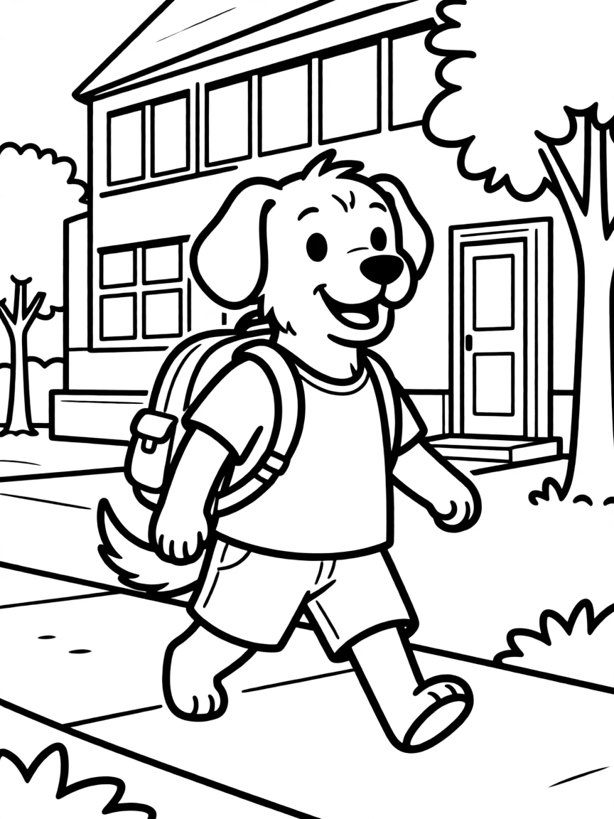 A dog with a backpack going to school