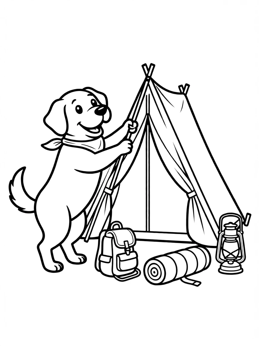 A dog setting up a tent while camping