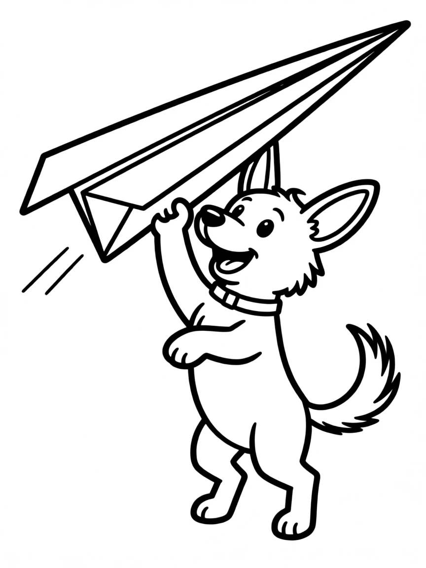 A dog flying a paper airplane