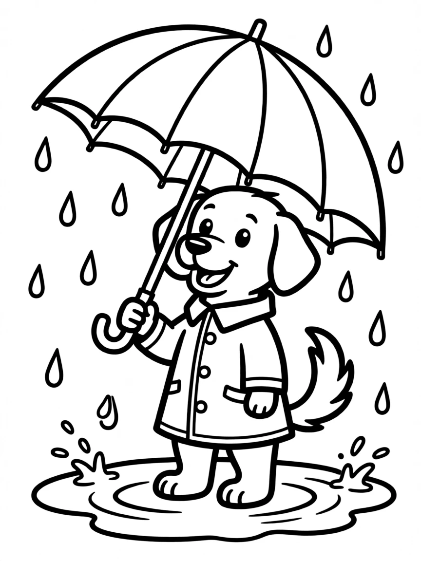 A dog with a rainbow umbrella in the rain