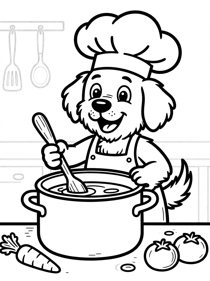 A dog in a chef's hat making soup