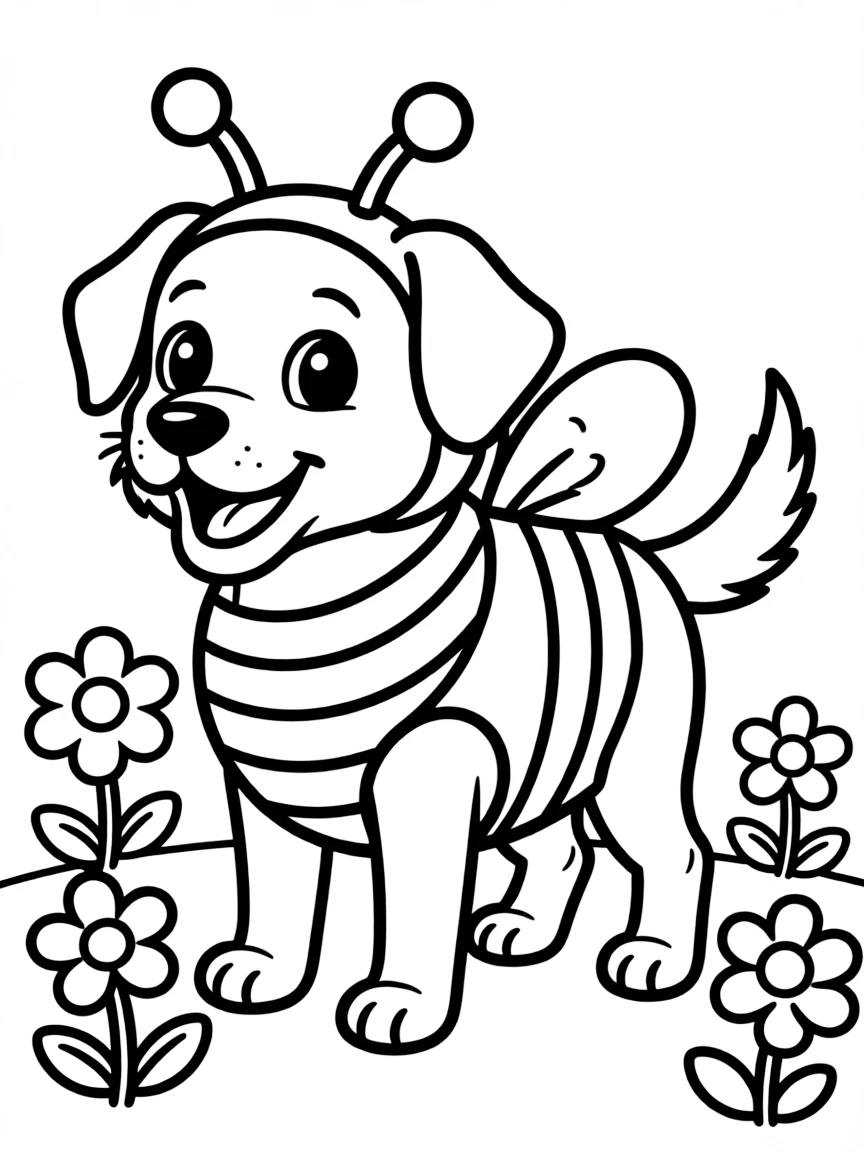 A dog dressed as a bumble bee