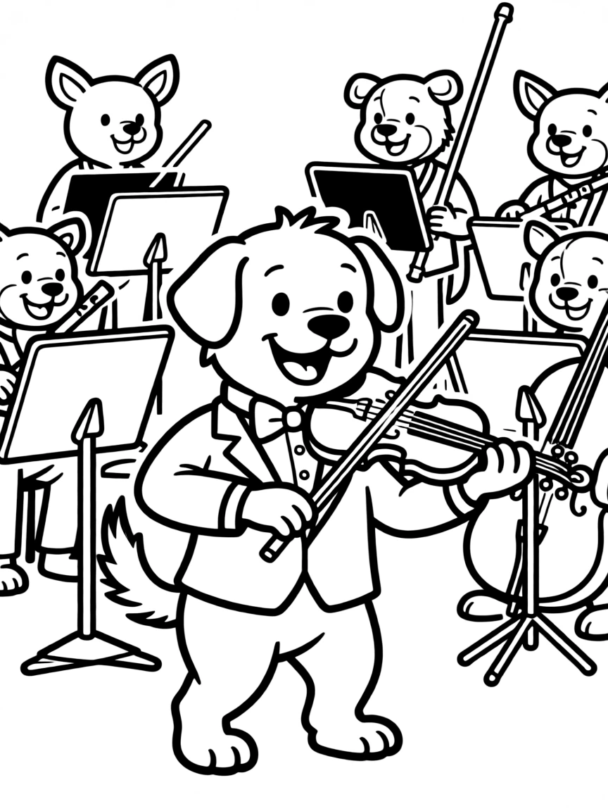 A dog playing the violin in an orchestra