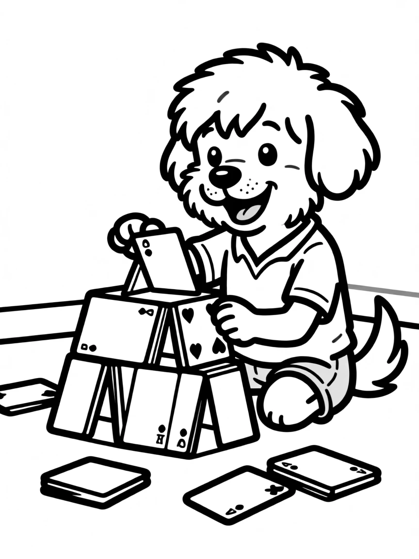 A dog making a card castle