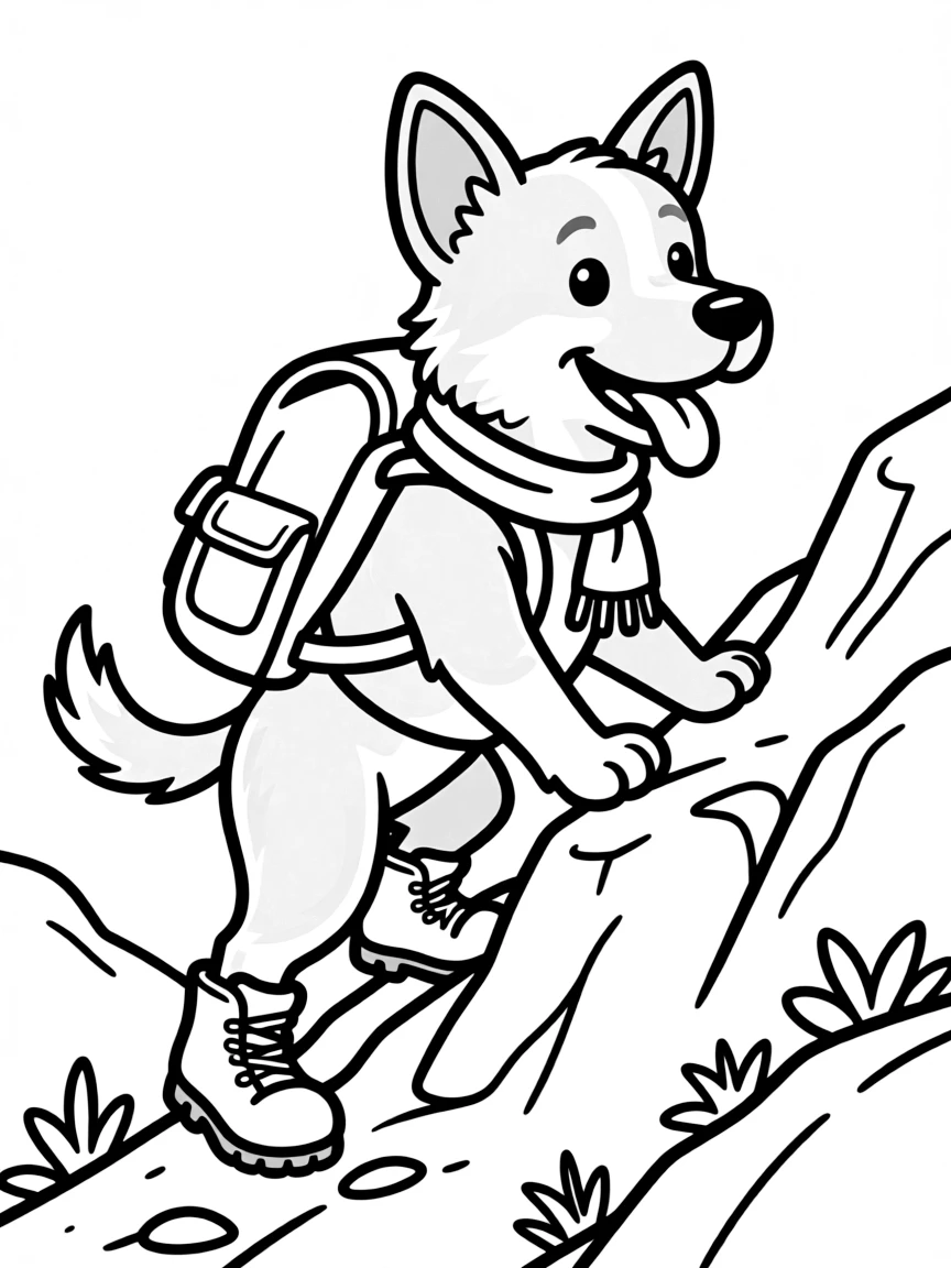 A dog climbing a mountain with hiking gear