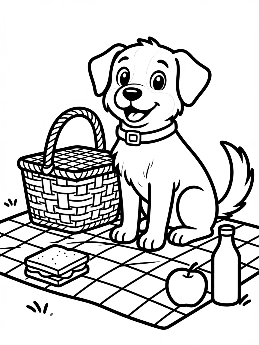 A dog with a picnic basket and blanket