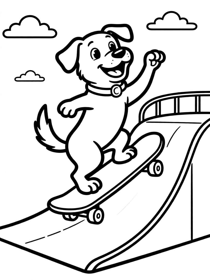 A dog doing tricks on a skateboard ramp