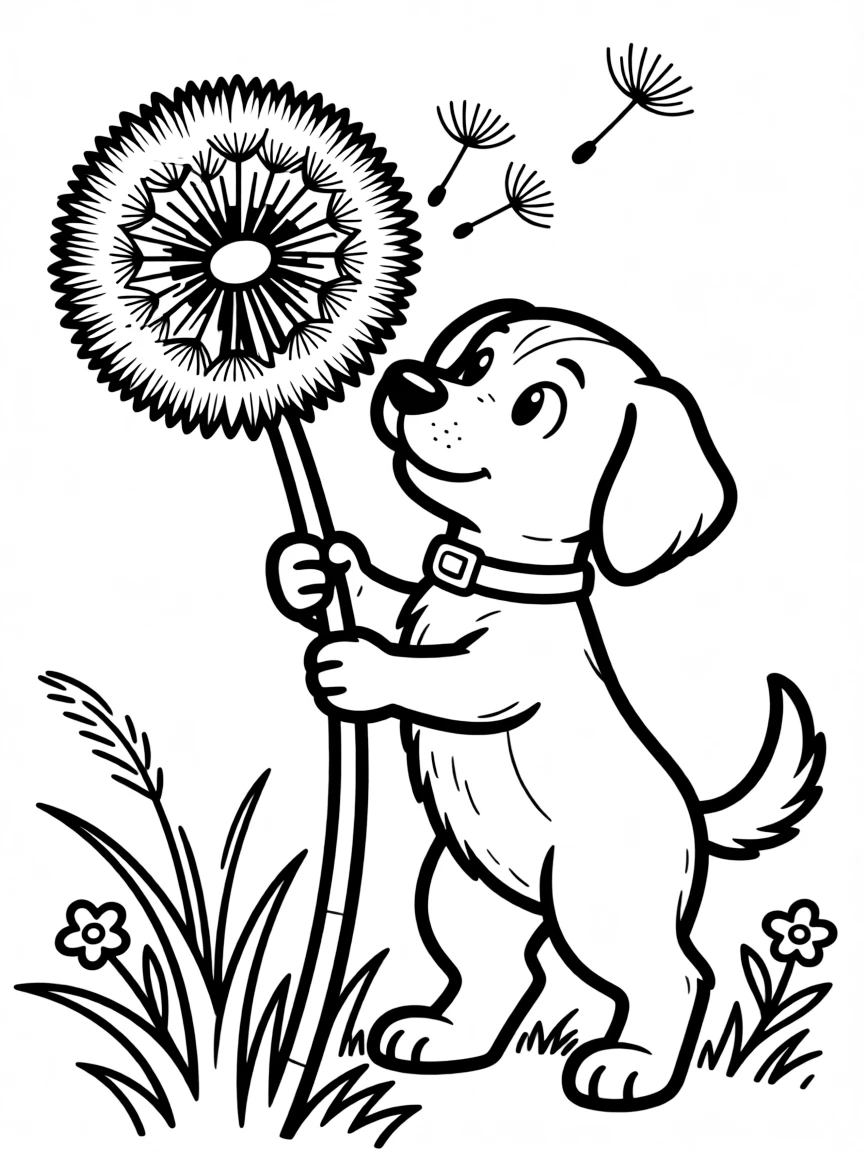 A dog making a wish on a dandelion