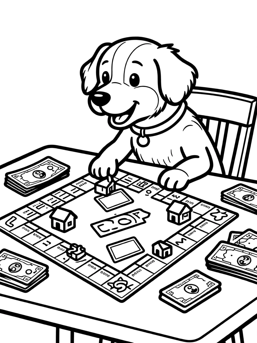 A dog playing a game of Monopoly