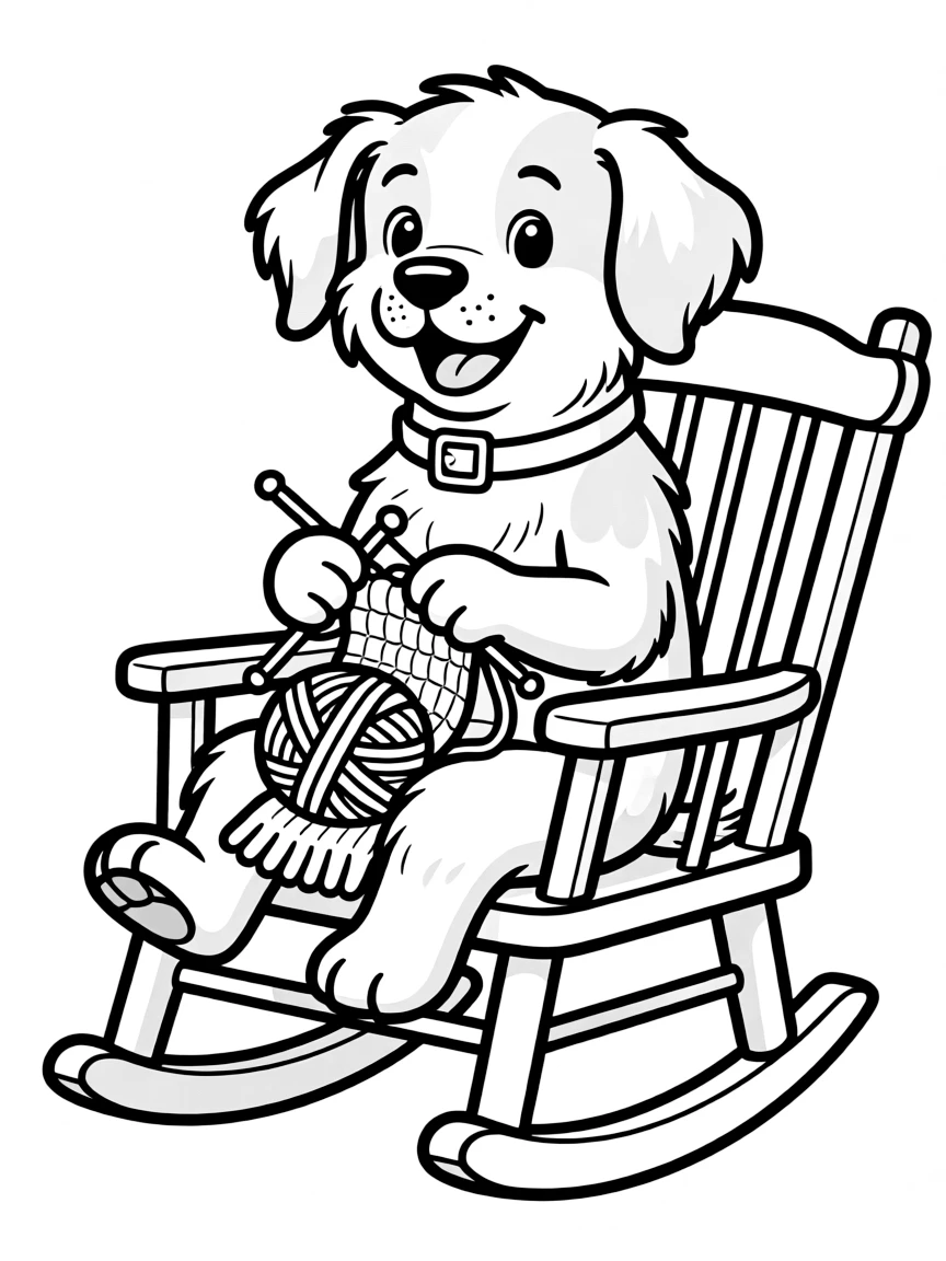 A dog in a rocking chair with knitting