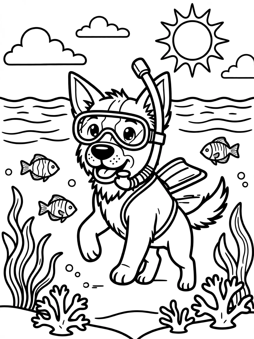 A dog snorkeling in a tropical sea