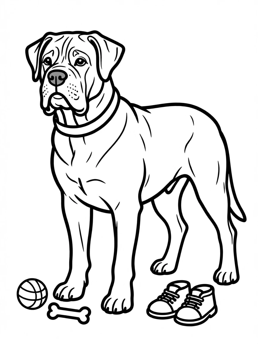 A Mastiff showing its imposing size next to small objects