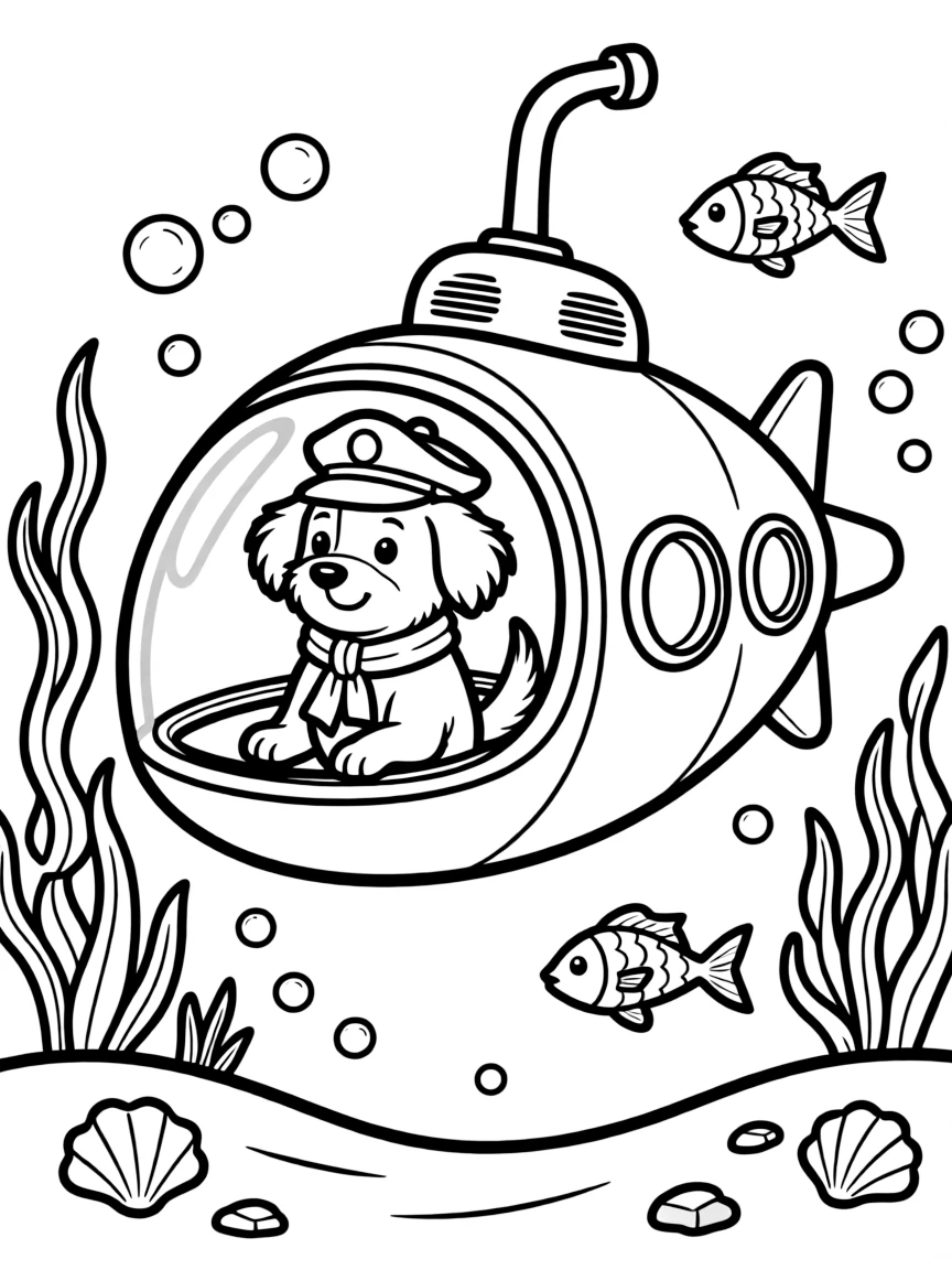A dog in a submarine under the sea