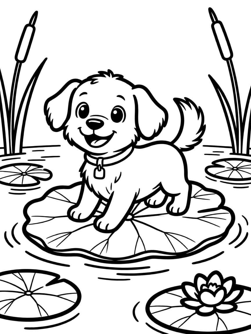 A dog floating on a lily pad