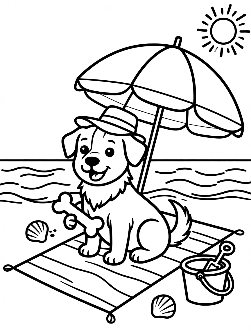 A dog having a beach day with towel and umbrella