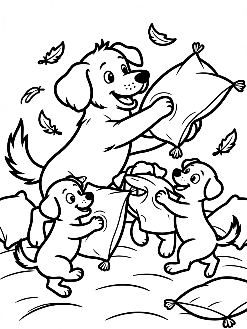 A dog having a pillow fight with puppies