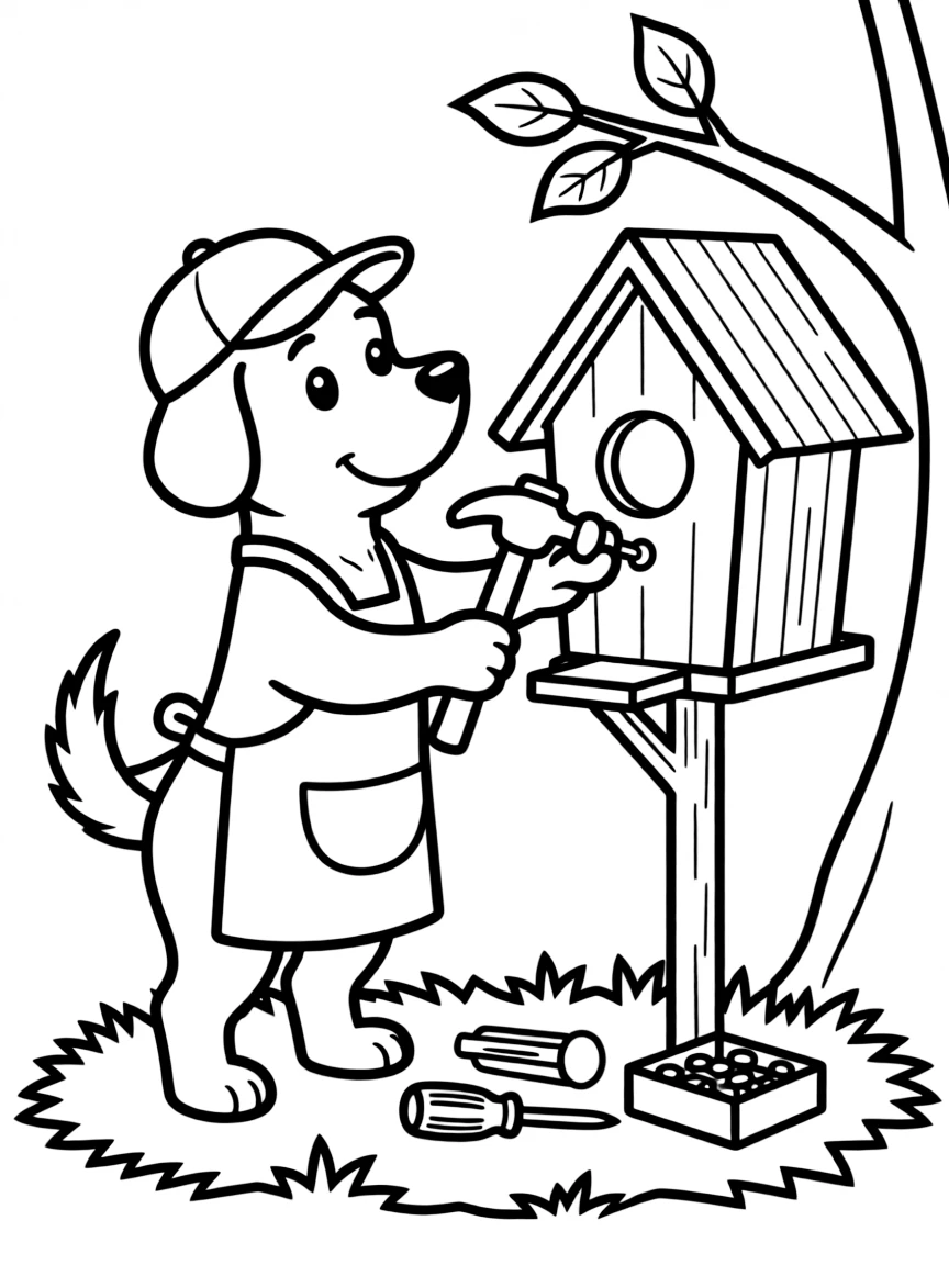 A dog building a birdhouse