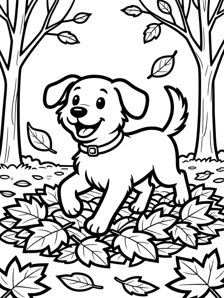 A dog playing in autumn leaves