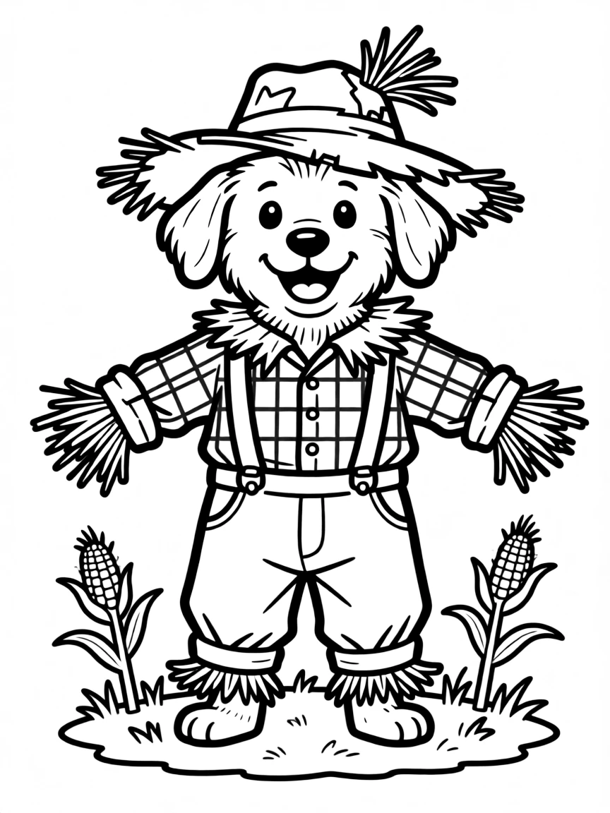 A dog dressed as a scarecrow