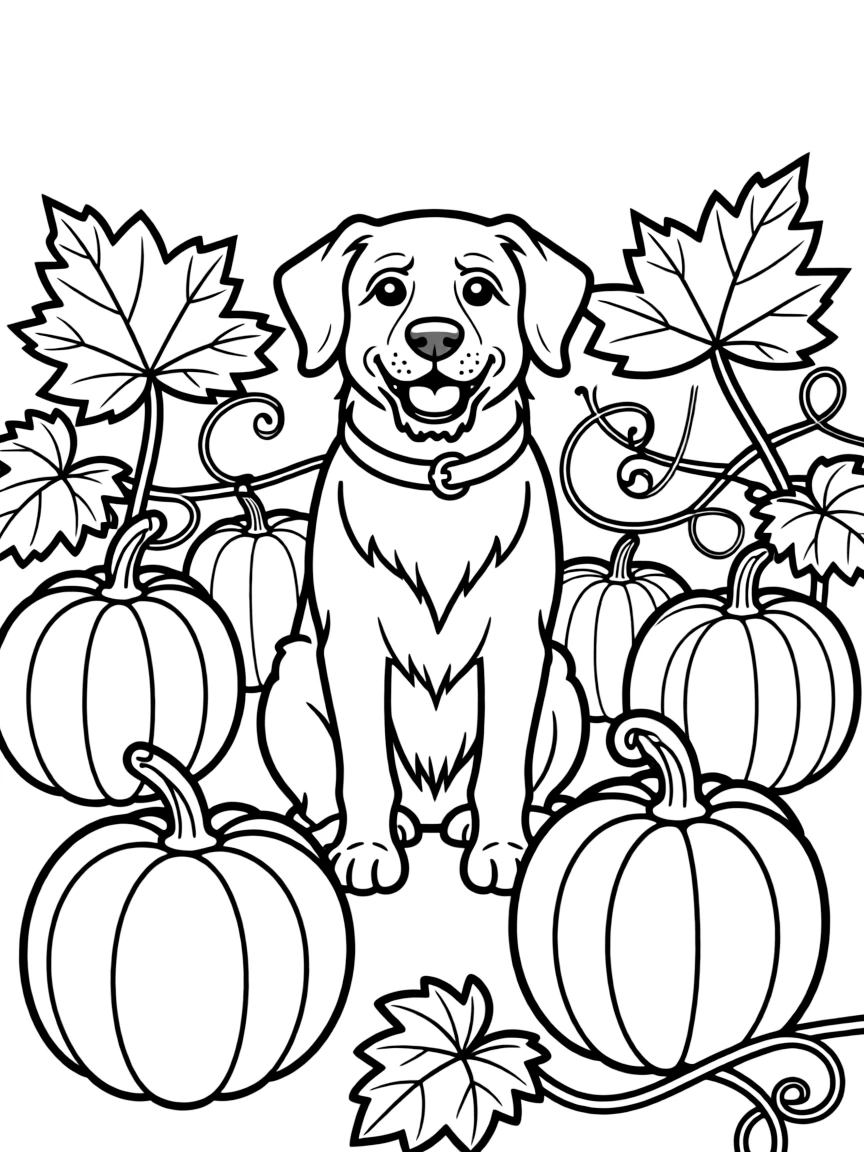 A dog sitting in a pumpkin patch