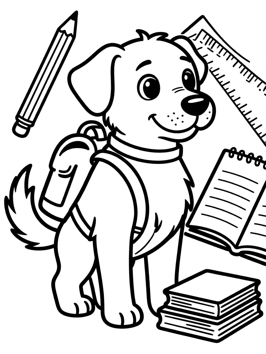 A dog with school supplies and backpack