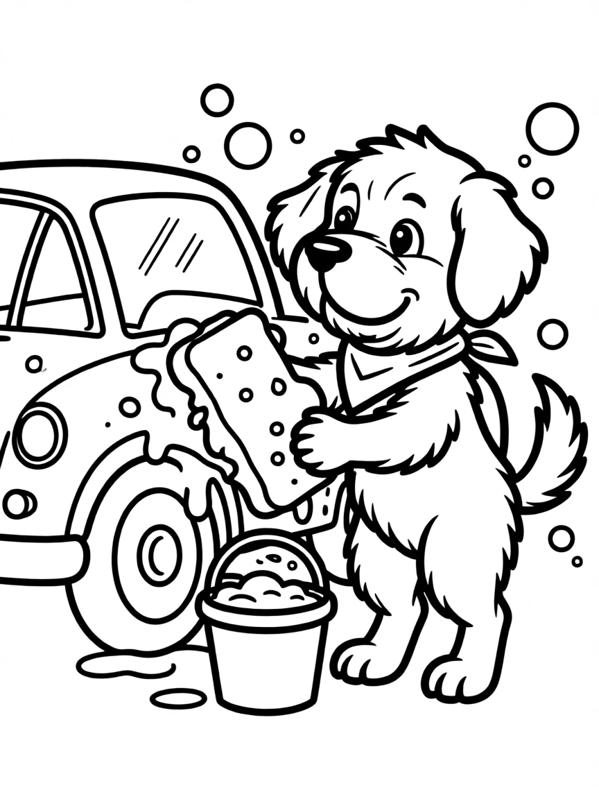 A dog washing a car with sponge and bucket