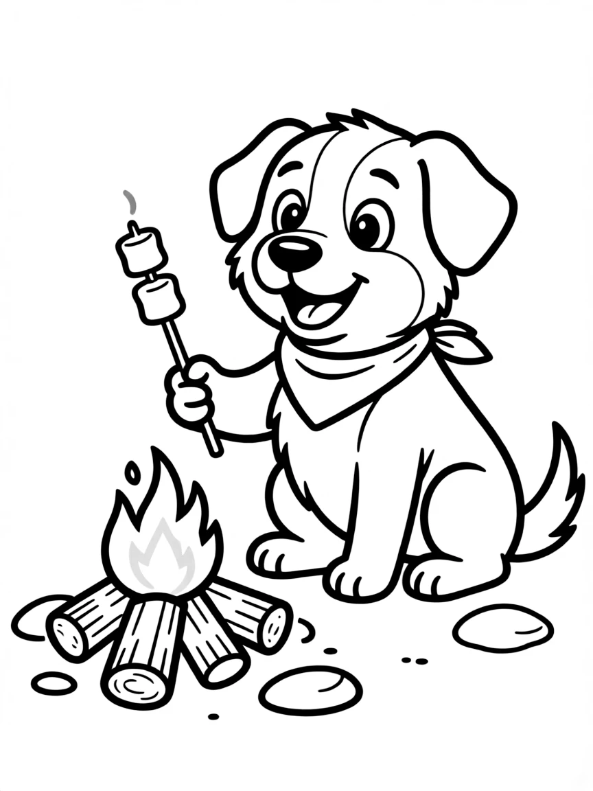 A dog roasting marshmallows at a campfire