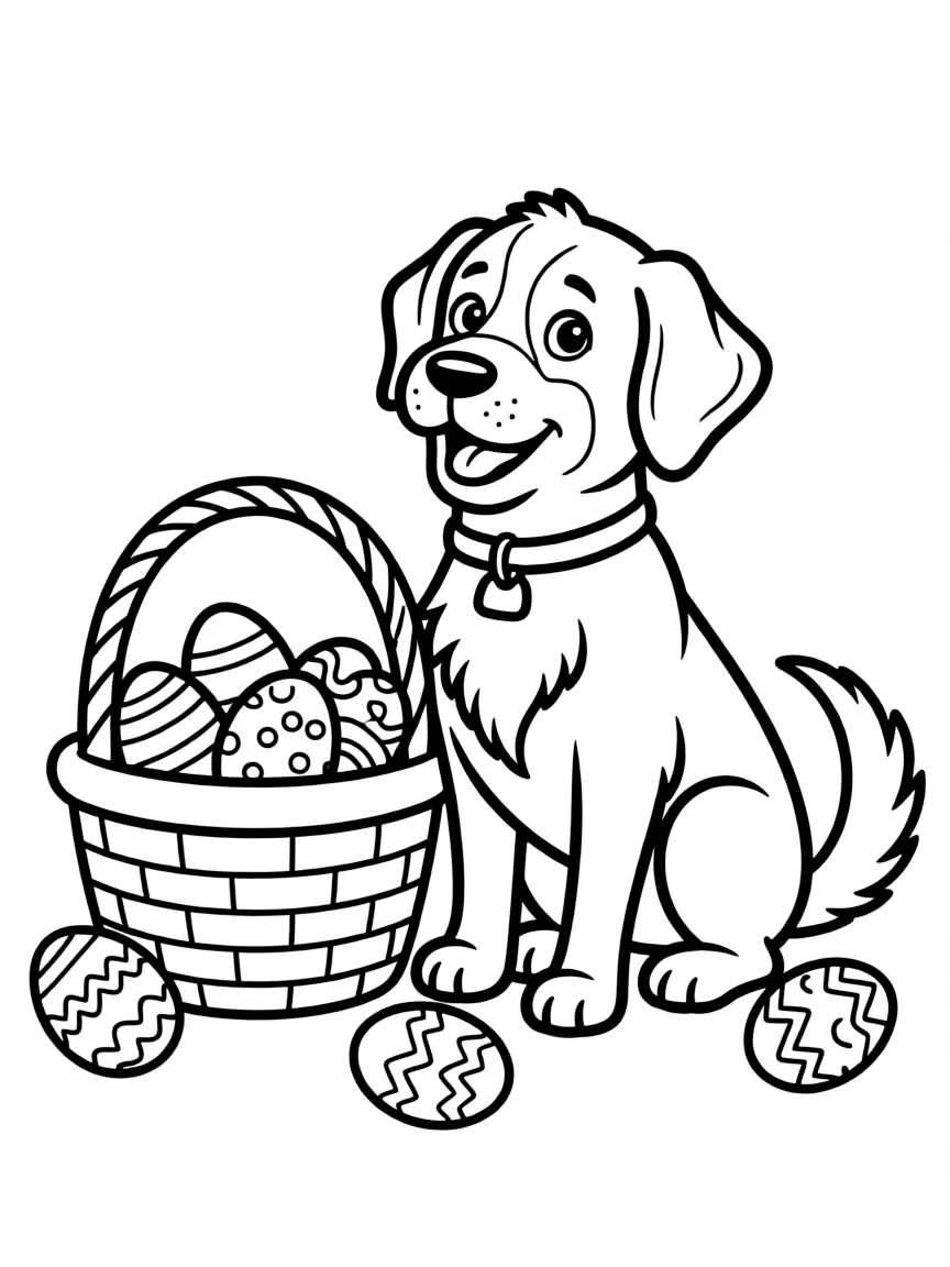 A dog with Easter eggs and basket
