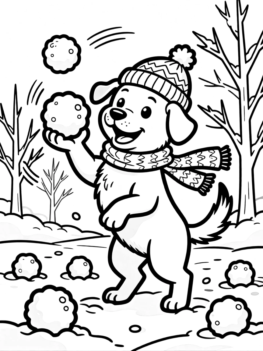 A dog having a snowball fight