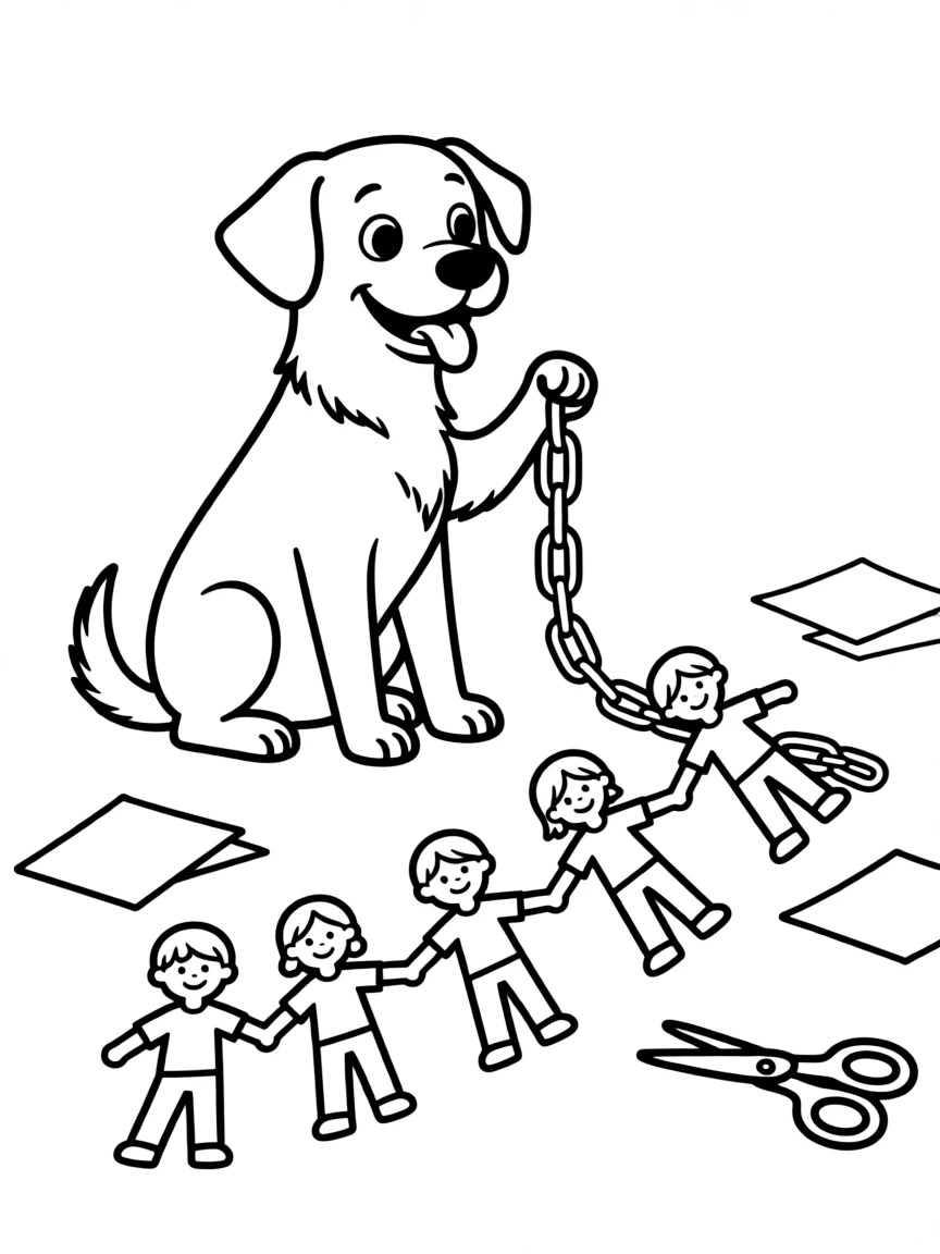 A dog making a chain of paper dolls
