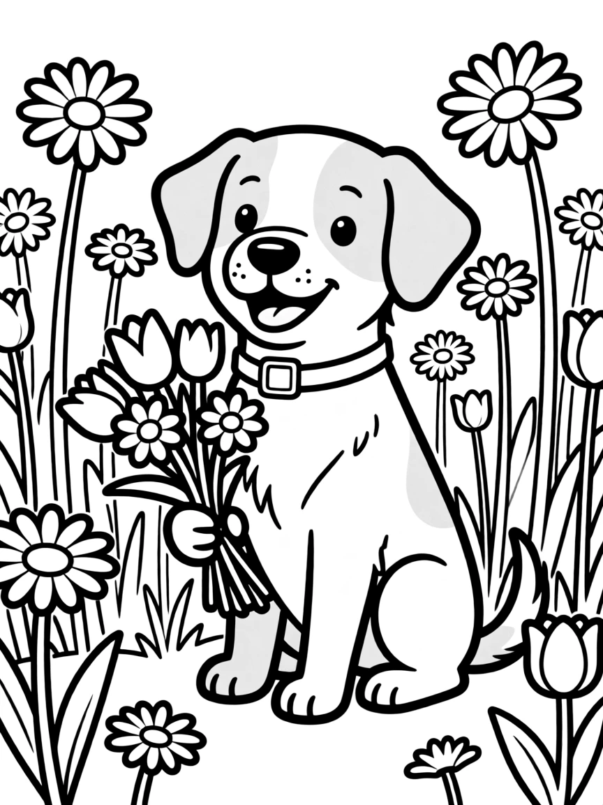 A dog in a flower field making a bouquet