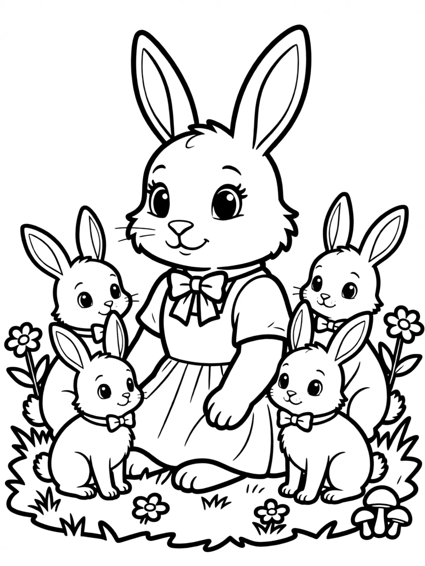 A mother rabbit surrounded by baby bunnies