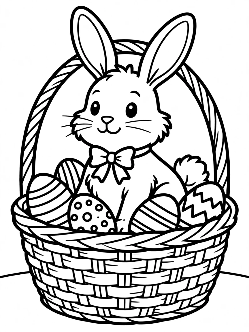 A rabbit in an Easter basket with colored eggs