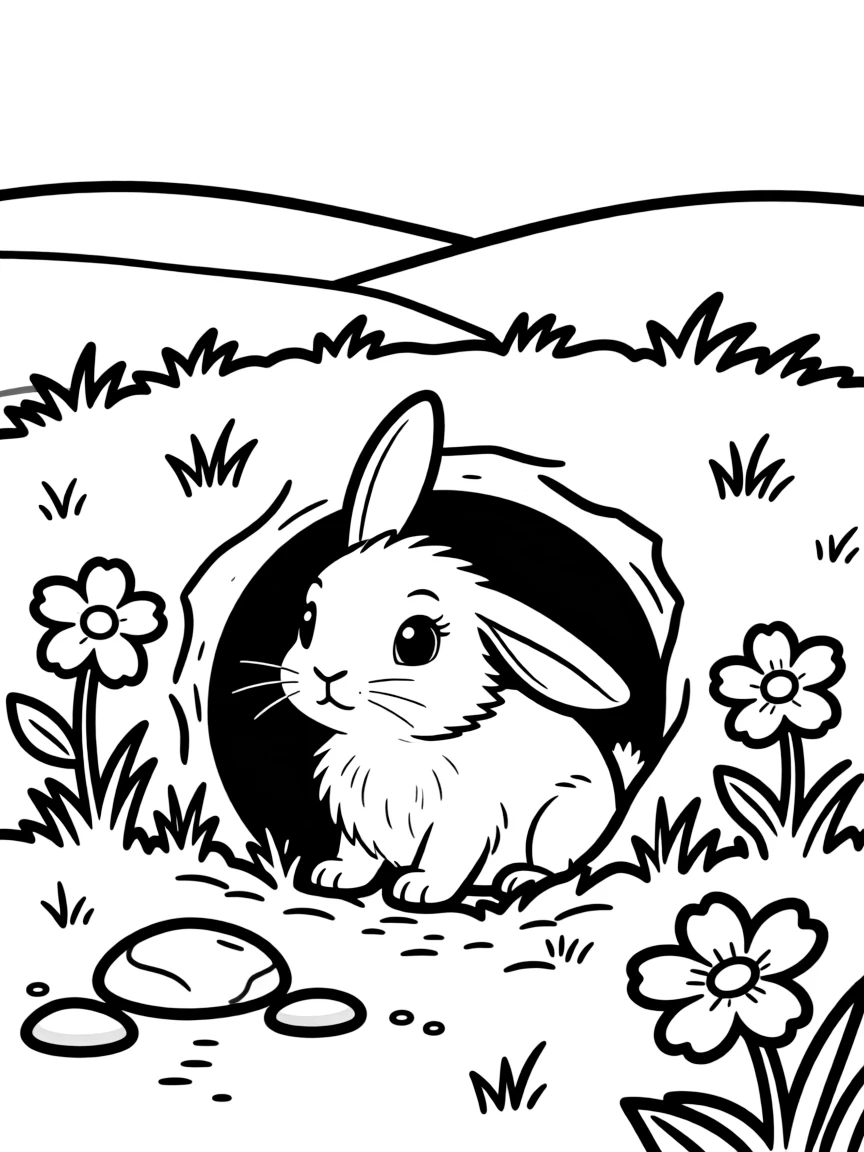 A rabbit peeking out from a burrow