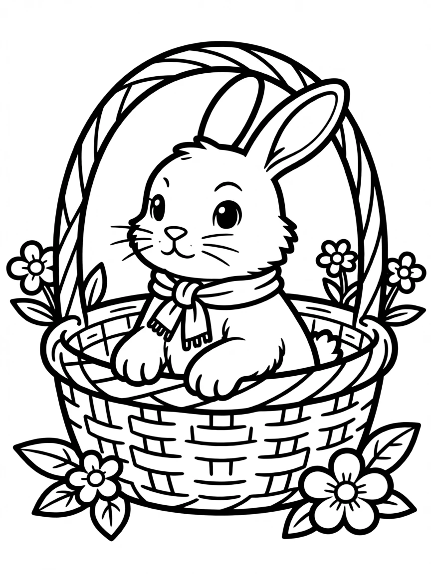 A bunny snuggled in a basket