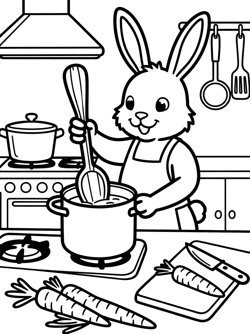 A rabbit making carrot soup