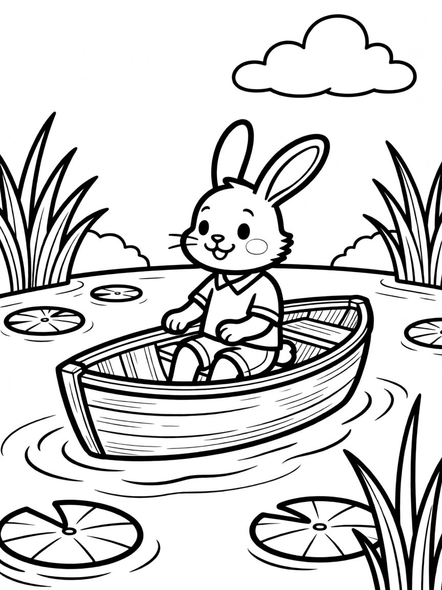 A rabbit in a boat on a pond